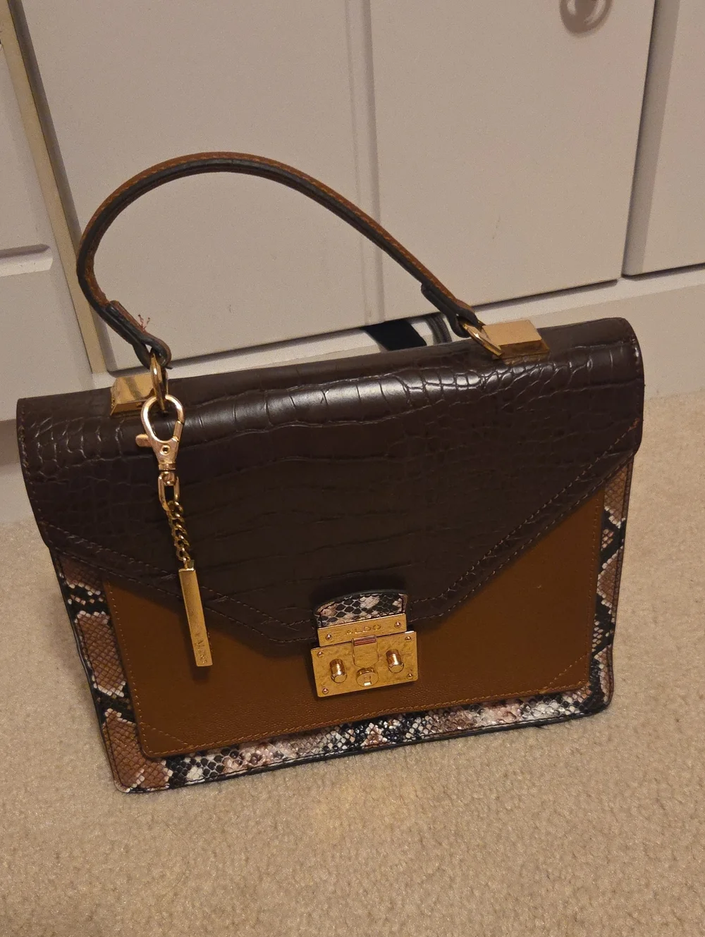 Aldo Structured Brown Croc-Textured Top Handle Satchel with Snake-Print Accents - Picture 1 of 5